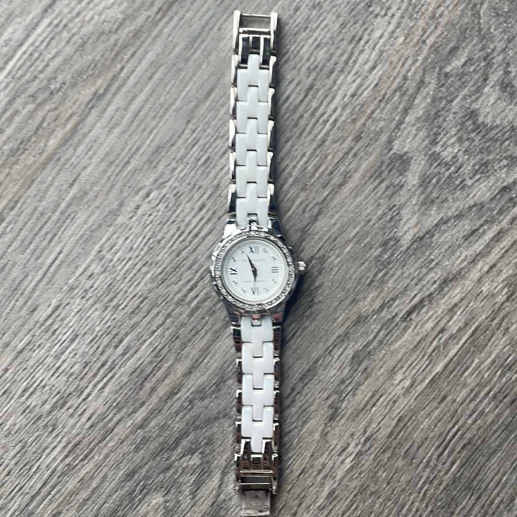 Anne Klein White And Silver Enamel Watch With Diamond Accents